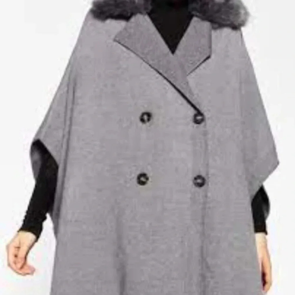 Zara Coat Jacket Fur Collar Knit Cape Poncho Faux Coat Jacket S - Picture 9 of 14